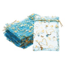 100 Pcs Sachets Organza Avec Imprime Coeur Et Cordon, 4x6 Pouces, Bleu Lac
