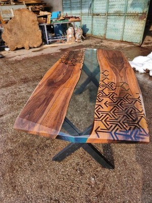 Walnut Clear Epoxy River Table Top | Geometric Modern Handmade
