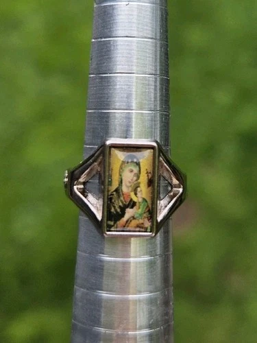Vintage Mother Mary & Jesus Ring Silver Tone Size 3.75 Pinky Ring
