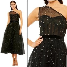 Mac Duggal 20745 Black One Shoulder Pearl Beaded Midi Ballgown Size 10 NEW