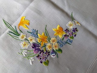 Beautiful Vintage Hand Embroidered Grey Irish Linen Tablecloth Spring Florals