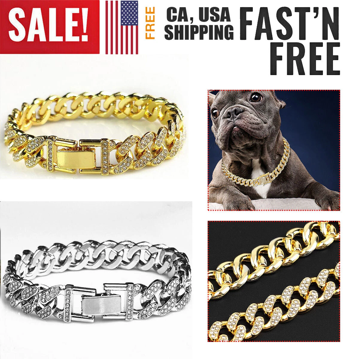 Cuban Chain Dog Gold Rhinestones Collar Pitbull Necklace Choker Dog Collars  New