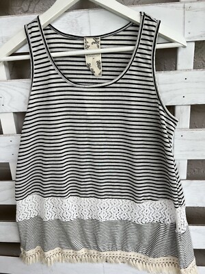 New Blu Pepper Women Ivory Black Striped Sleeveless Top M Tassel Trim