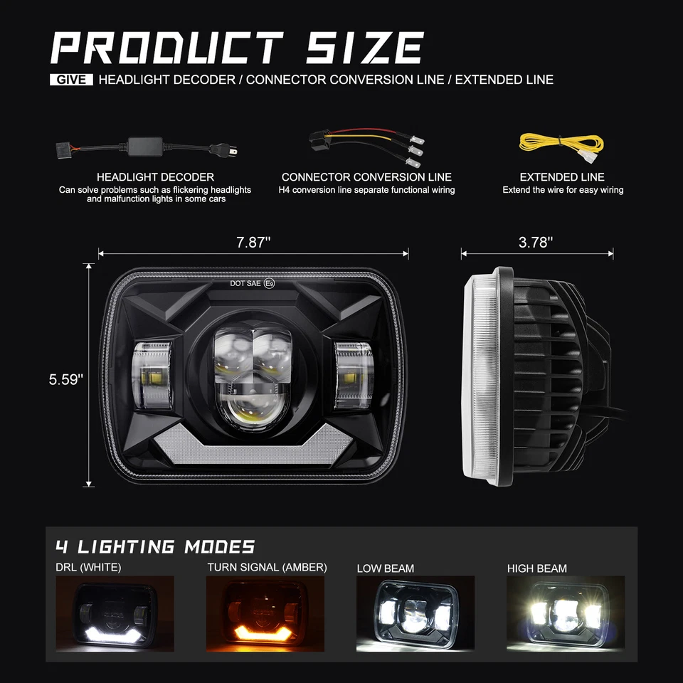 Pair Fit Ford F600/700/800 FT900 F-100 5x7 7x6" LED Headlights Hi/Lo Sealed Beam - Image 2 of 4