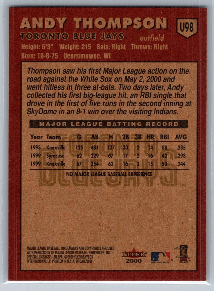 2000 FLEER TRADITION UPDATE BASEBALL U98 ANDY THOMPSON BLUE JAYS  - Image 2 of 2