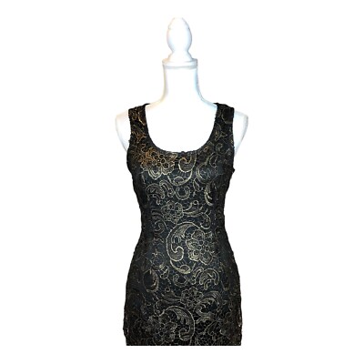 SANS SOUCI Dress Midi Sleeveless Black Gold Lace Sheer Overlay Metallic  Small | eBay