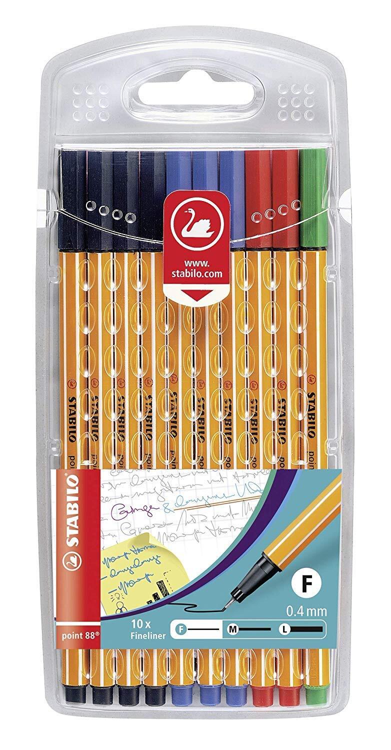 Fineliner - STABILO point 88 - 10er Pack Office - 4 x schwarz, 3 x blau, 2 x rot