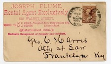 1887 Kansas City Advertising Cover Joseph Plume Rental Agent Franklin KY stamp