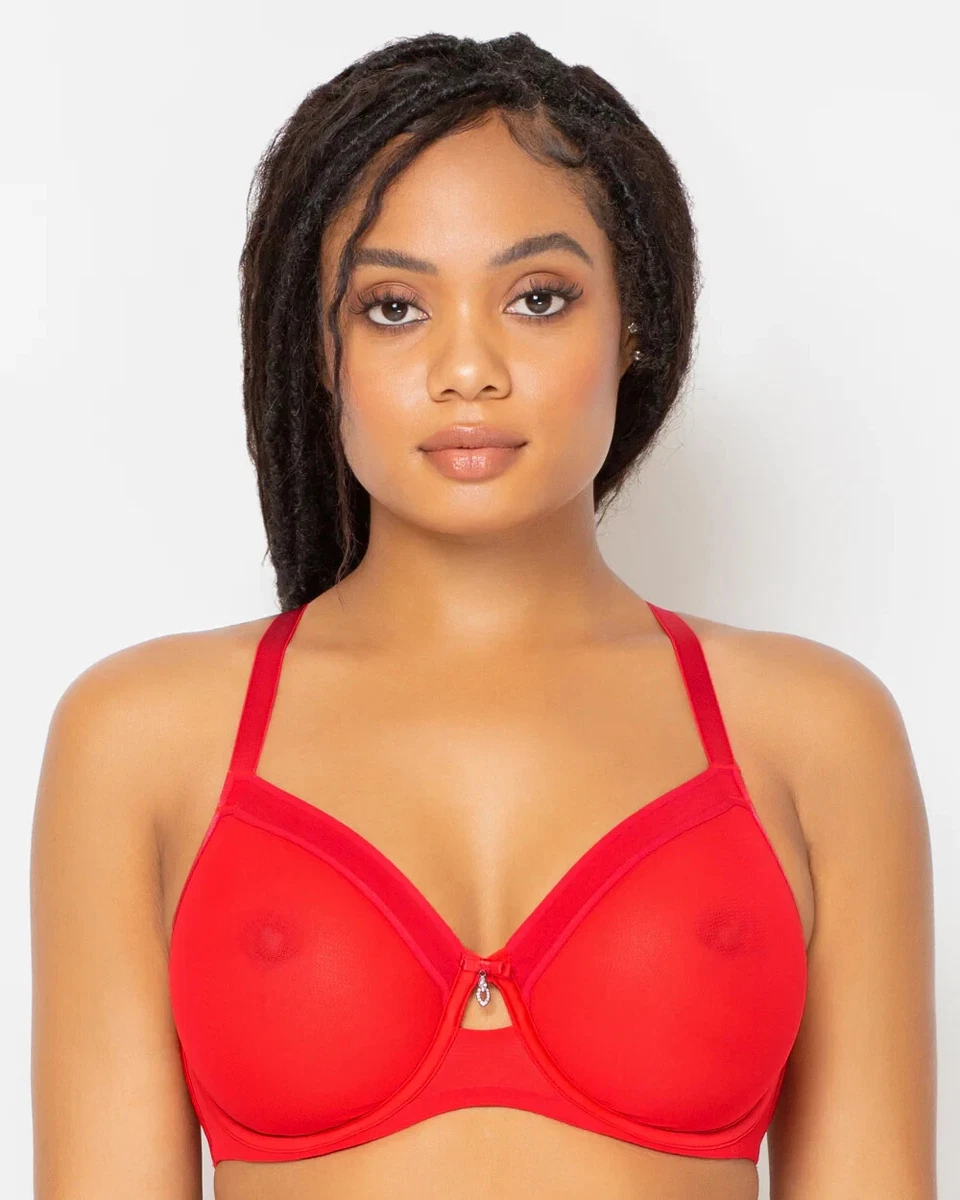 Curvy Couture Full Cup Bra 46DD Red Two layer Mesh Unlined