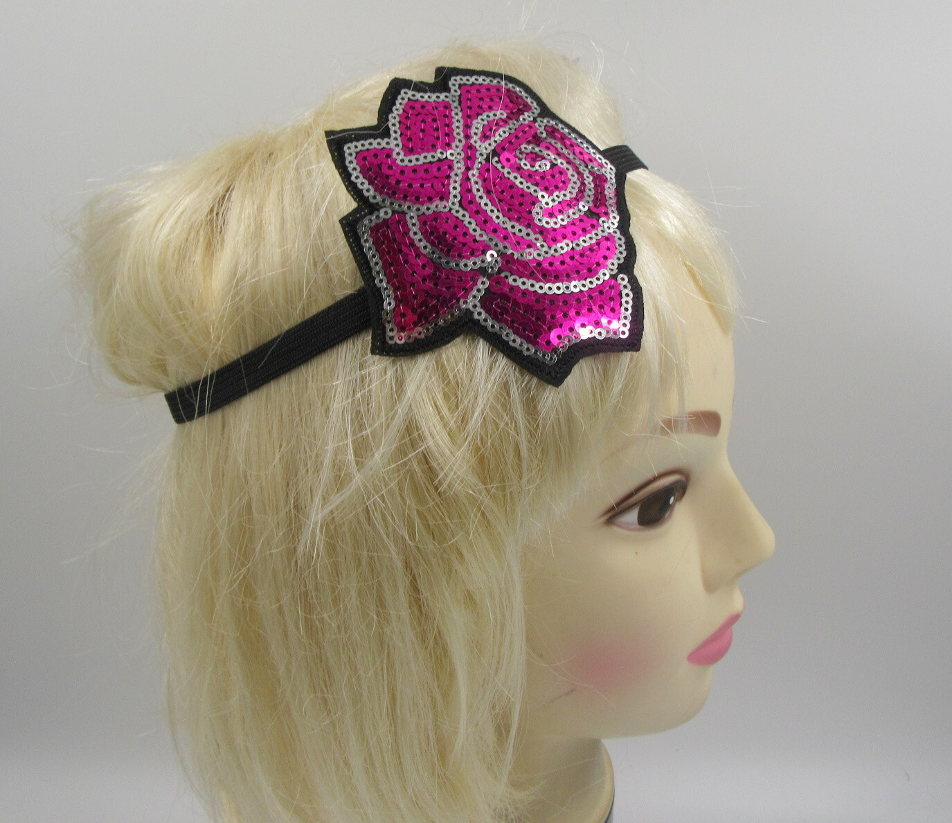 pink large sequin rose black stretch elastic bandeaux browband hair fashion