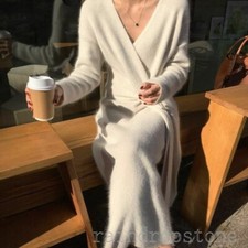Women Sweater Dress Cashmere Long Sleeve Belted Warm V Neck Knitted Maxi Fashion