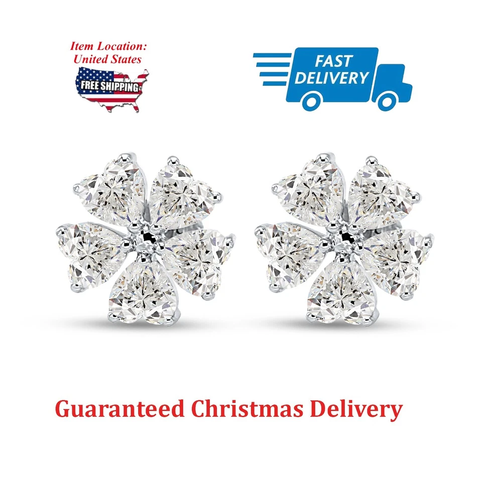 Conjunto de aretes de 8 quilates de circonitas cúbicas en forma de corazón de flores enchapados en oro blanco de 14 quilates Foto 2 de 4