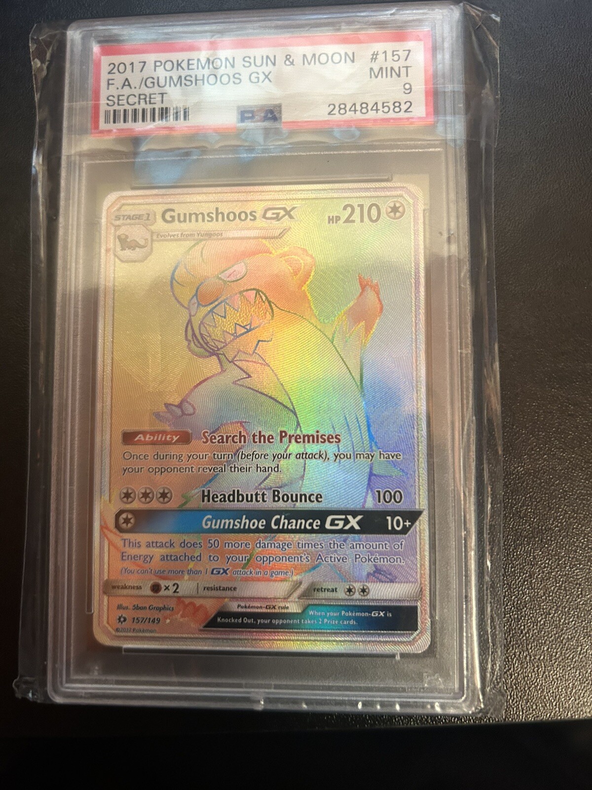 2017 Pokemon Sun & Moon Gumshoos GX Full Art Rainbow Secret Rare 157/