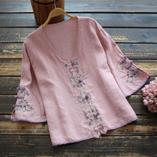 Ladies Floral Embroidered Blouse Shirt Cotton Blend Frog Button V-neck Loose Top