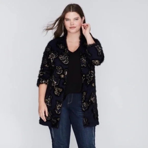 Lane Bryant Knit Navy Gold Jacquard Cardigan Open Front 26 28 Overpiece 