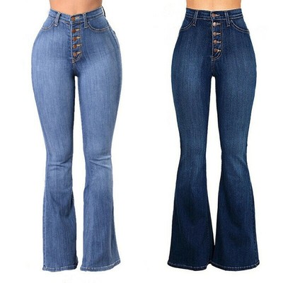 Donna a Vita Alta Campana Svasati Pantaloni Denim Jeans Zampa D'Elefante  Hippie | eBay