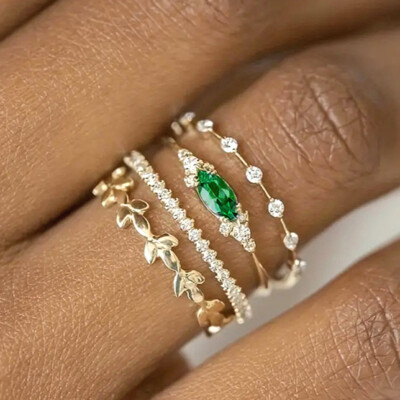 A Set of 4 Emerald Stackable Ring for Women Party Wedding Birthday Jewelry Gift