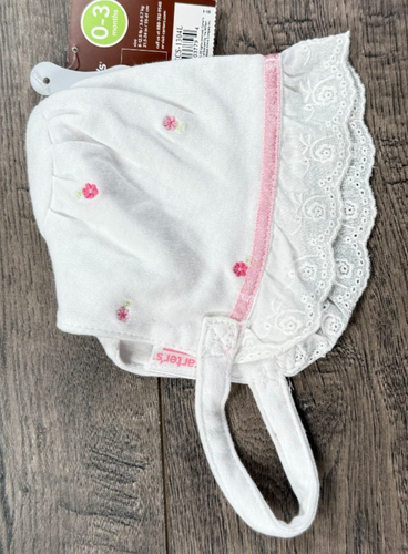 Baby Girl New Vintage Carter's 0-3 Month Pink Flower Lace Bonnet Hat - Picture 2 of 2