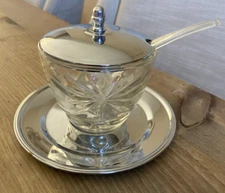 Vtg Irvinware Jam Dish with Tray and Spoon 1976 Original Box Chrome Glass READ