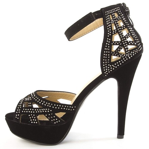 New Womens Peep Toe Ankle Strap Rhinestone Sandal Stiletto Heel Platform Cut-Out - Picture 5 of 6