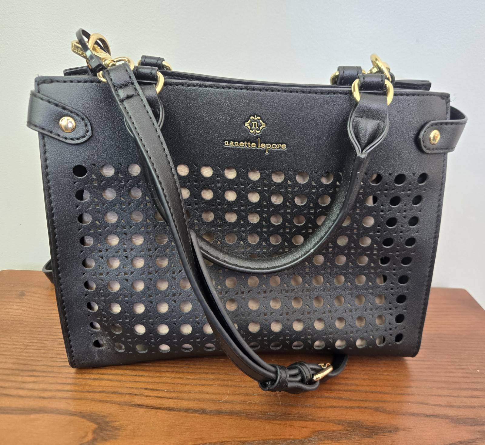 Nanette Lepore Black Perforated Tote Satchel Crossbody Gold Hardware