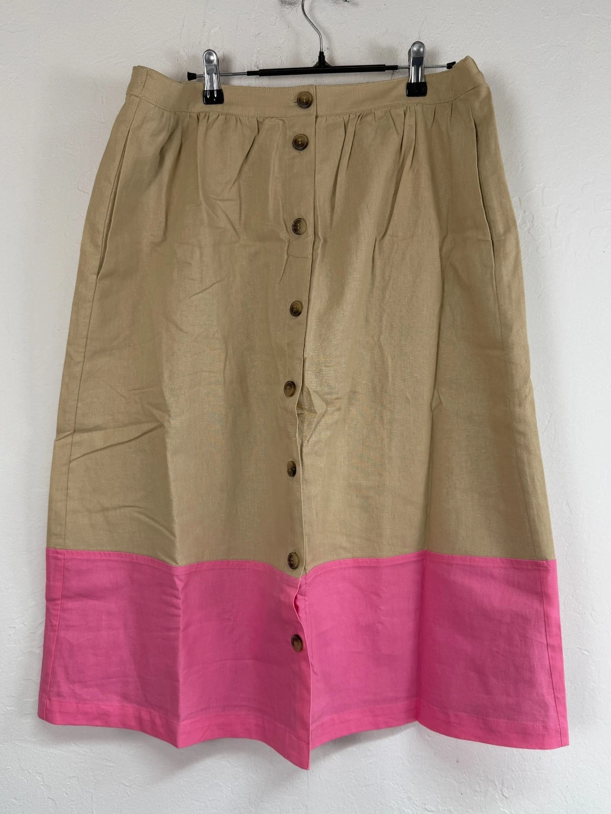 J.Crew Womens Button-Front Colorblock Midi Skirt XL Tan Pink A-Line AO086 NWT