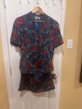 Adriana Papell Bold Colored Floral Button Down 100 Silk Skirt Suit Women's 14