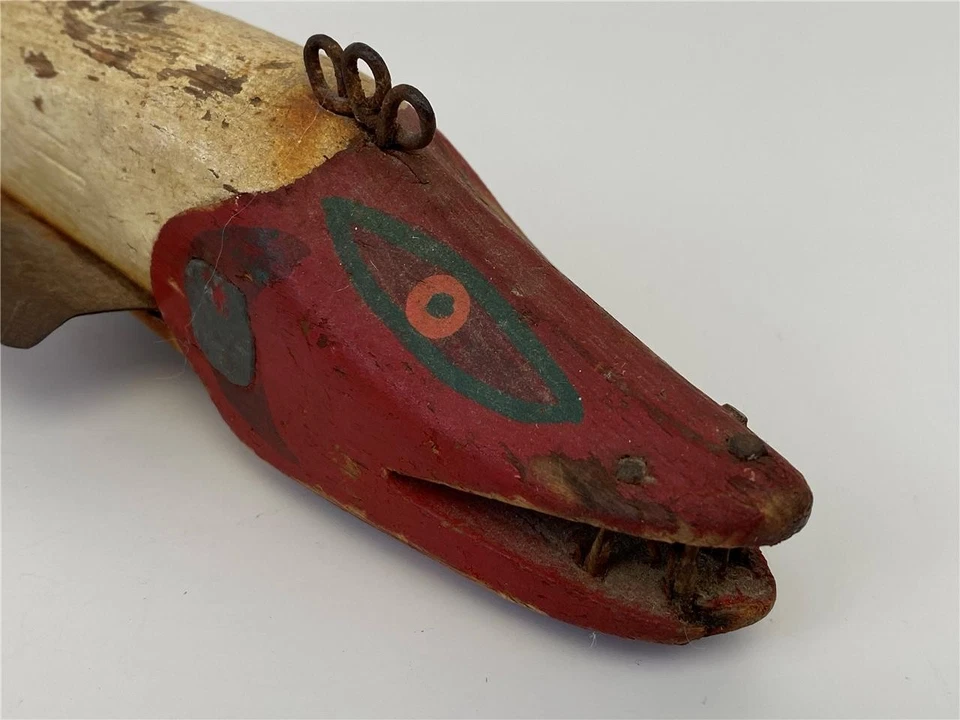 Antique Weighted Spear Ice Fishing Hand Painted Carved Wood Fish Lure Bait Decoy - Image 3 of 4