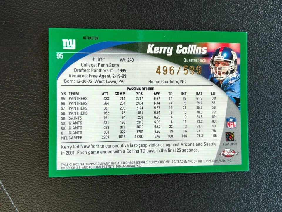 Kerry Collins 2002 Topps Chrome Black Refractor New York Giants 496/599 C27 - Image 2 of 2