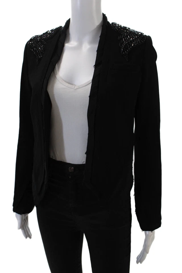 Haute Hippie Womens Long Sleeve Crystal Trim Open Front Jacket Black Size 2 - Image 3 of 4