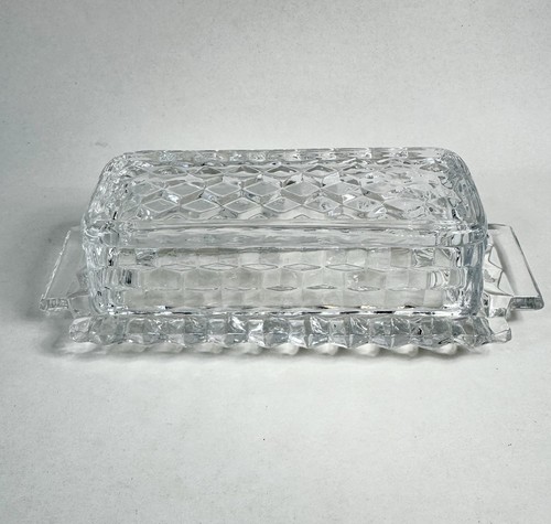 Fostoria American Butter Dish 2 Piece Lidded Clear Glass 7.75” Long Cube Vintage