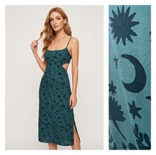 Whimsical Witch Celestial GREEN Midi Dress Moon Stars Cutout Back SMALL NWOT