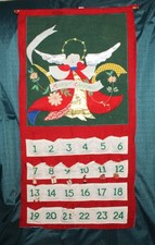 Vintage Cotton Merry Christmas Angel Advent Calendar w/Wood Rod & 23 Ornaments