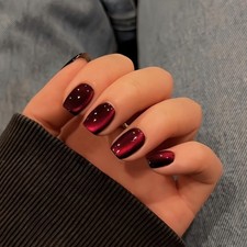 Cat Eye Dark Red Press on Nails Short, 30 Pcs Press on Nails black to red