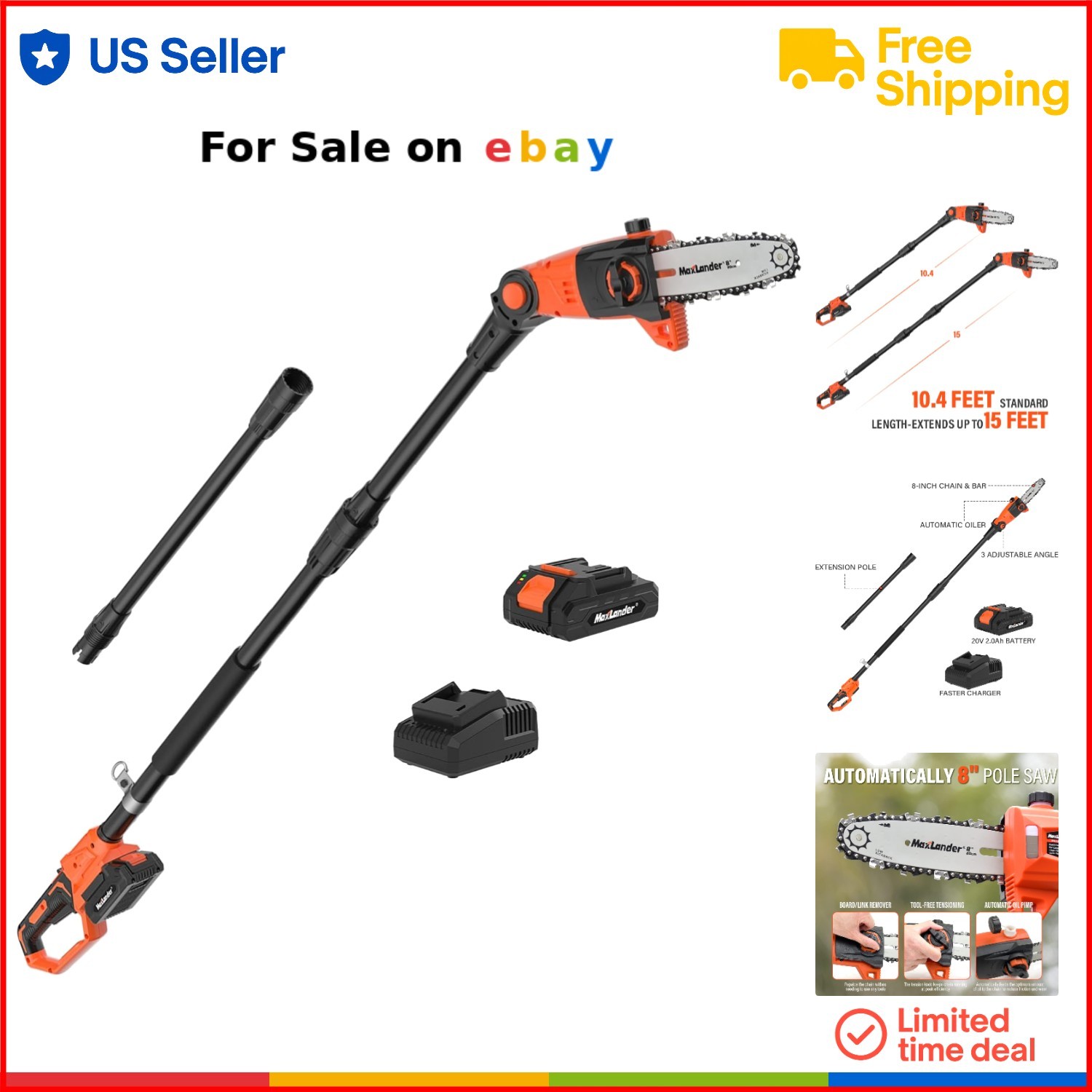 8-Inch Cordless Pole Saw with 15-Ft Reach & Auto Oil for Easy Tree Trimming