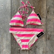 Juicy Couture Pink White Striped Shel Shock Triangle Bikini Set Large L NWT