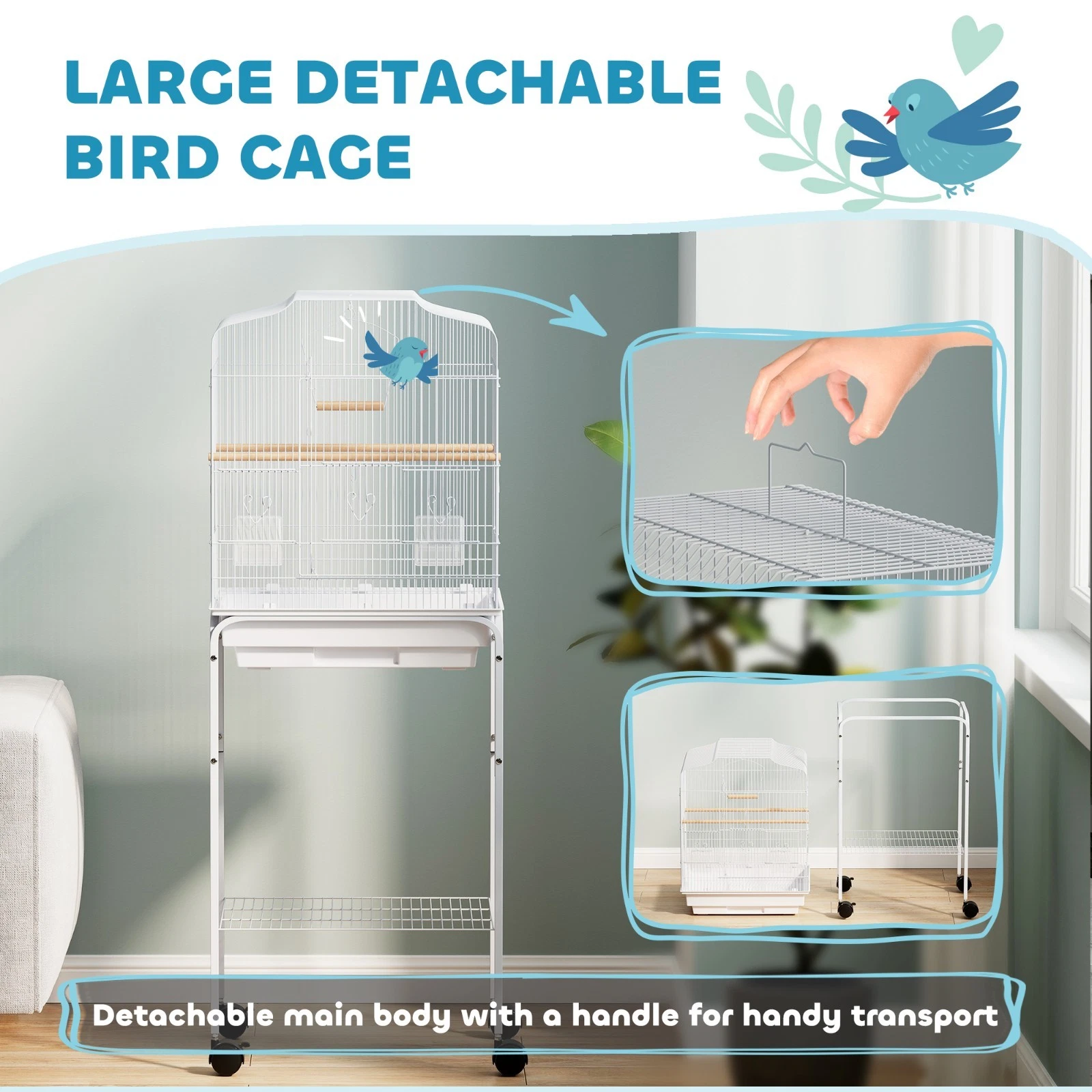 Bird Cage Starter Kit with Rolling Stand – Spacious & Easy Clean Design