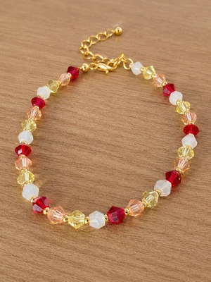 Bracelet femme perles toupie facettées rouge jaune pêche réglable fait main doré - Photo 1/2