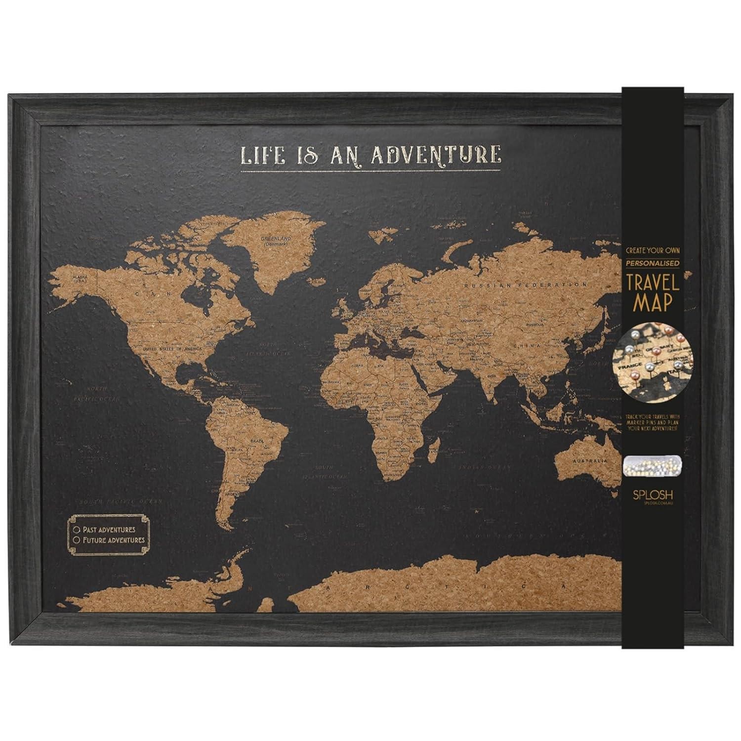 Small Splosh World Travel Map Pin Board Pins Personalised Maps Cork Black Frame