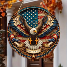4th of July Patriotic Bald Eagle Wooden Door Sign USA Flag Hanging Wall Decor