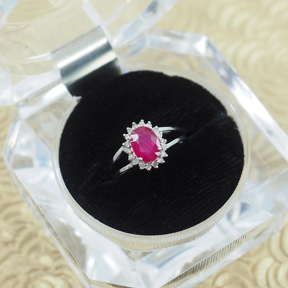 Vintage 1990s Oval Cut Natural Ruby, Diamond Halo, 14K White Gold Ring Size 4.75 - Image 3 of 4