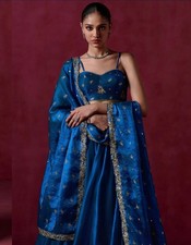 Lashkaraa Blue Peacock Embroidered Organza Lehenga New