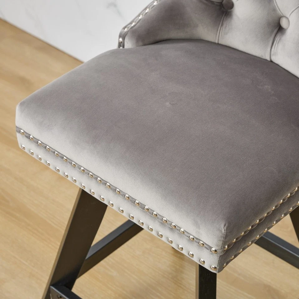 Swivel Velvet Barstools Set of 2 Counter Height Tufted Wooden Legs Nailhead Trim - Image 4 of 4