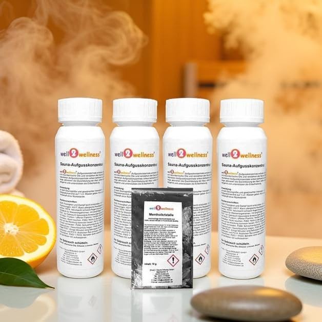 well2wellness Saunaaufguss Sauna Aufguss Saunaduft Sets mit 4 x 125ml +Kristalle