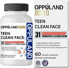 Teen Clean Face Acne Supplement Daily Synbiotic with Prebiotics, Zinc, Omega-3