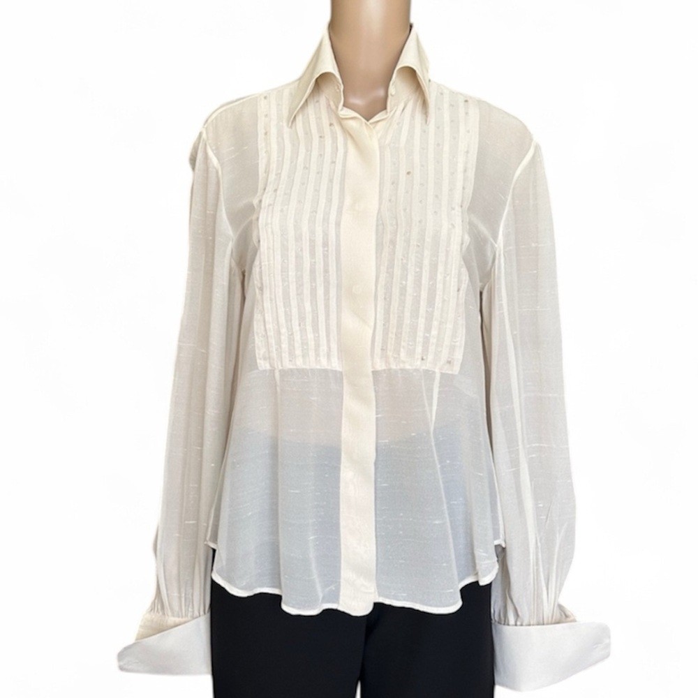 Valentino Cream Beaded Silk Tuxedo Shirt Button-Up Blouse Women's Size 12