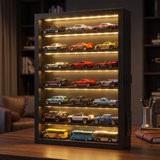 1/64 Scale Diecast Car Display Case with LED Light - Wall Mounted Wooden Shelf,