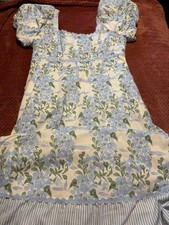 Jodifl Floral Smocked Square Neck Puff Sleeve Mini Dress Blue Green White M