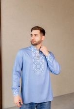Ukrainian Men s Vyshyvanka Blue Embroidered Shirt Traditional Folk Ukraine