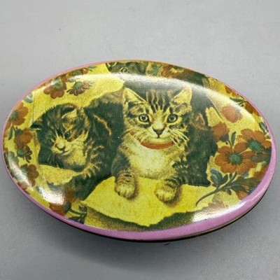 Vintage Tiny Decoupage Kitten Tin mini sewing box oval with litho of cats 